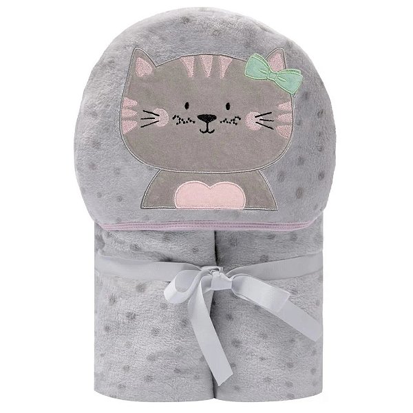 Cobertor Bordado de Microfibra Papi Friends Com Capuz - Gatinha Miau
